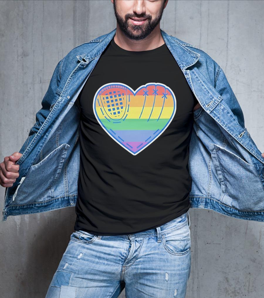 Pride Rainbow Striped Baseball Glove Heart T-Shirt