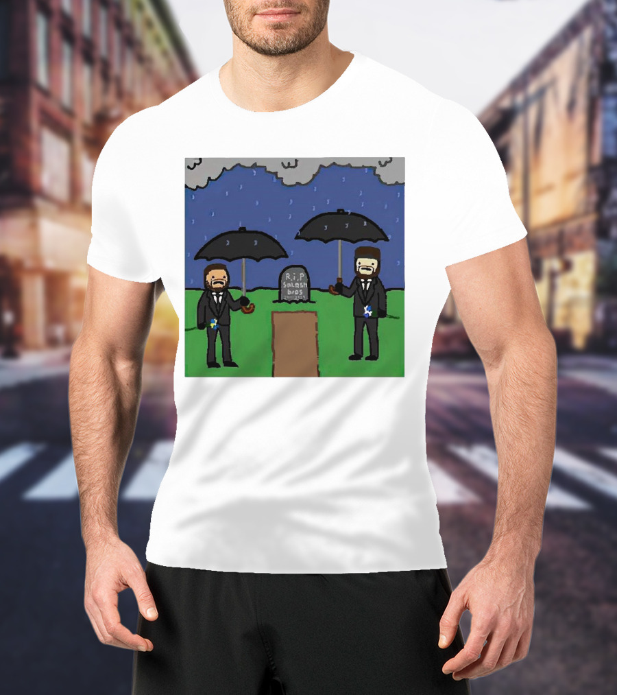 RIP SplashBros Cartoon Memorial With Suited Figures Holding Black Umbrellas T-Shirt
