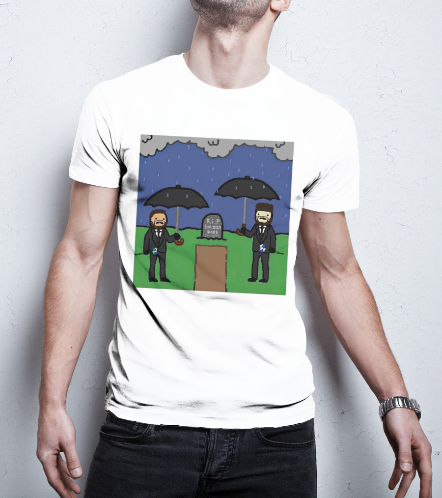 RIP SplashBros Cartoon Memorial With Suited Figures Holding Black Umbrellas T-Shirt