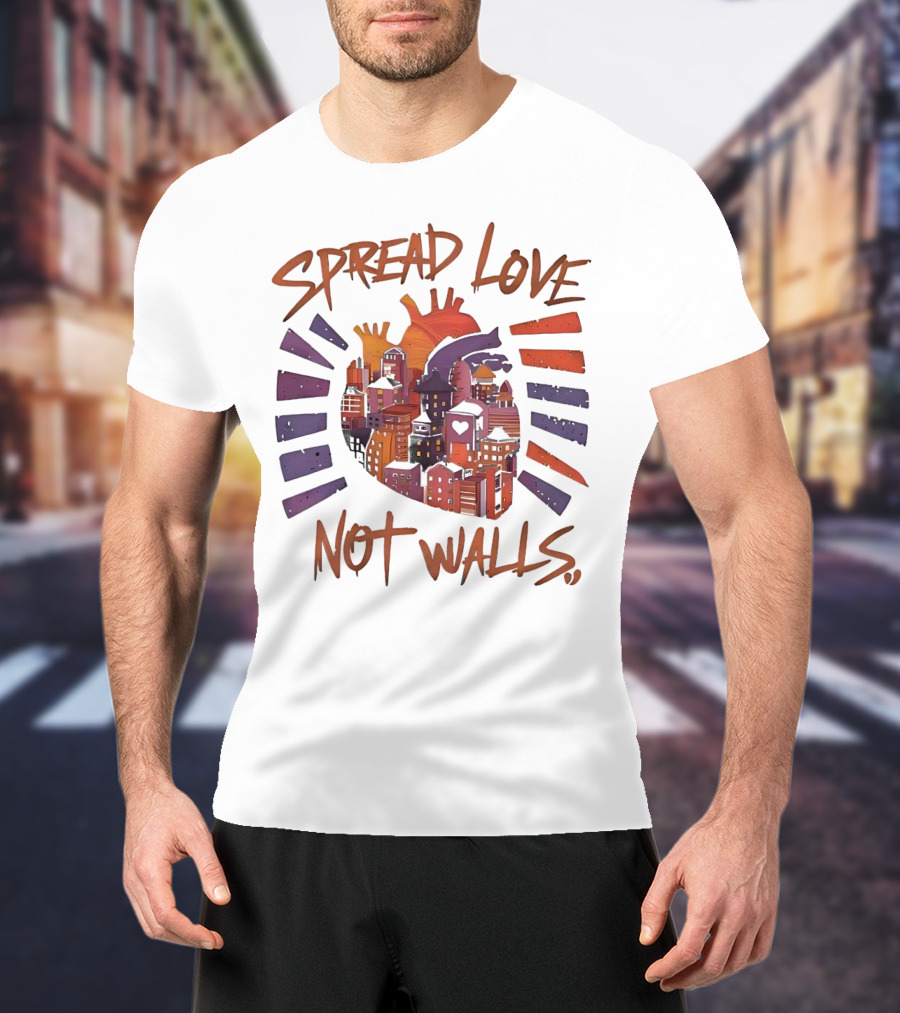 Spread Love Not Walls Cityscape Heart Crown Sunset T-Shirt