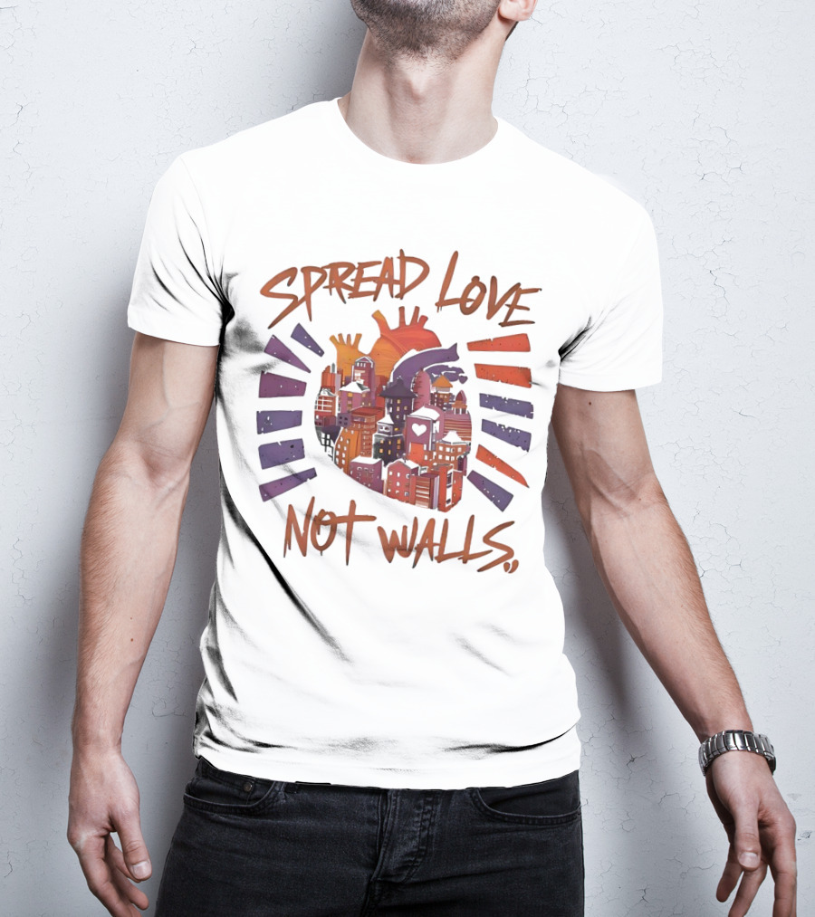 Spread Love Not Walls Cityscape Heart Crown Sunset T-Shirt