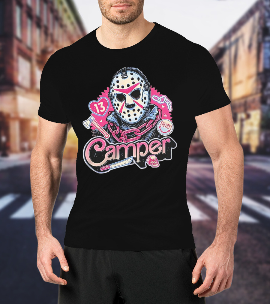 Camper 13 Jason Voorhees Mask And Chains With Ax And Knife Friyay Hearts T-Shirt