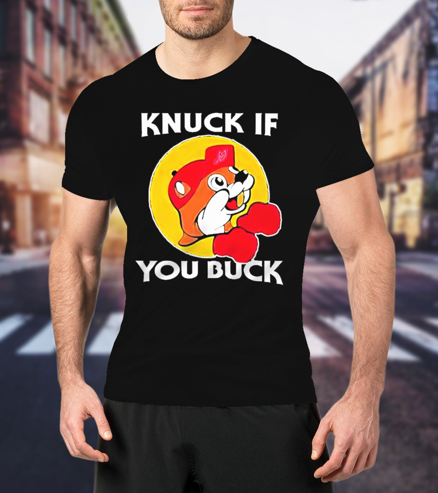 Knuck If You Buck Buc Ees Logo Red Cap Yellow Circle Boxing Gloves T-Shirt