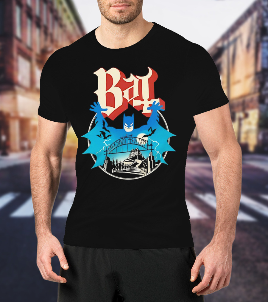Bat Gotham Asylum Blue Bat Symbol And Red Gothic Font T-Shirt