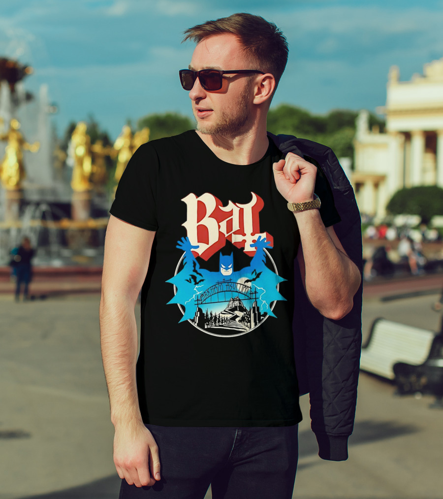 Bat Gotham Asylum Blue Bat Symbol And Red Gothic Font T-Shirt