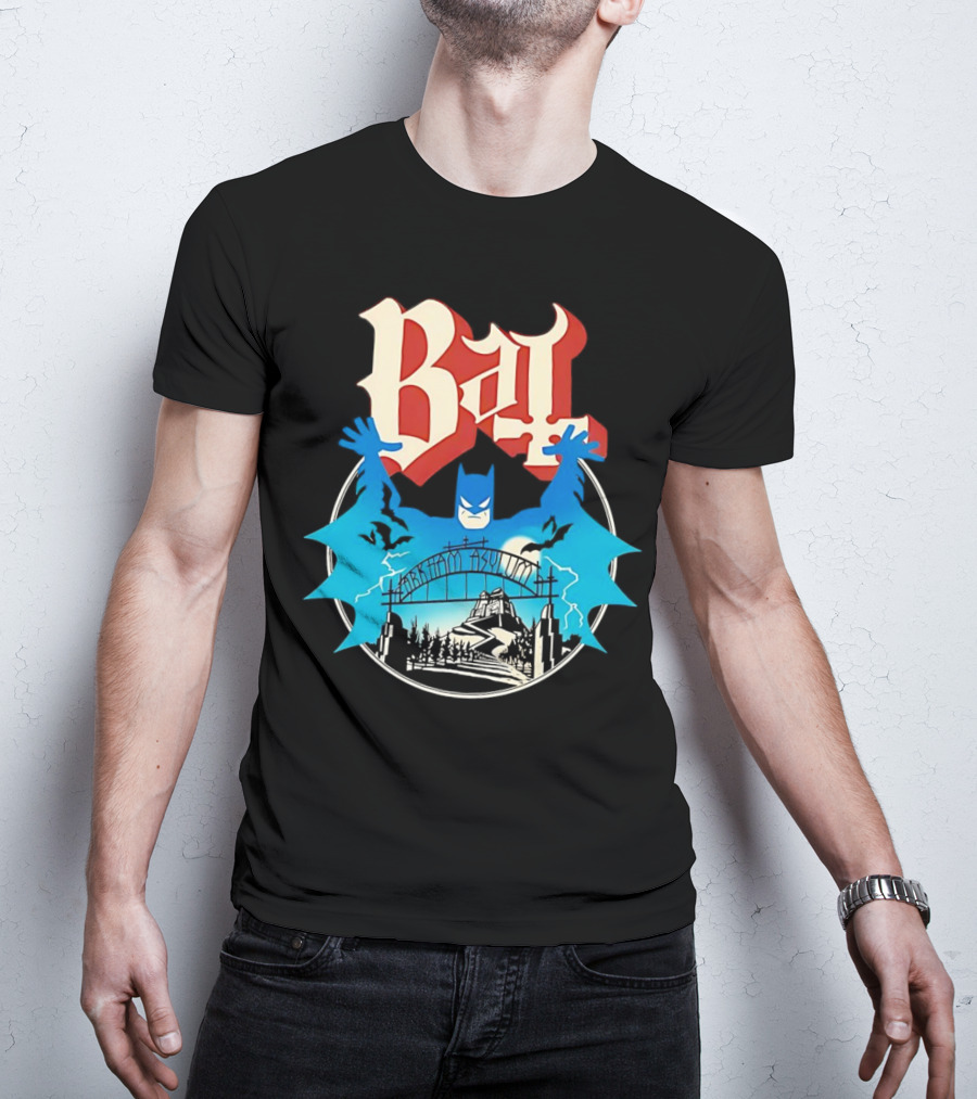 Bat Gotham Asylum Blue Bat Symbol And Red Gothic Font T-Shirt
