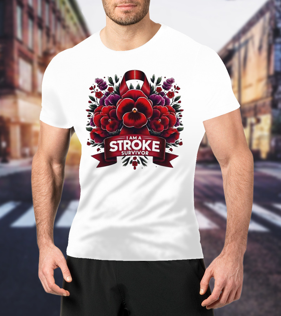 I Am A Stroke Survivor Red Ribbon And Floral Bouquet T-Shirt