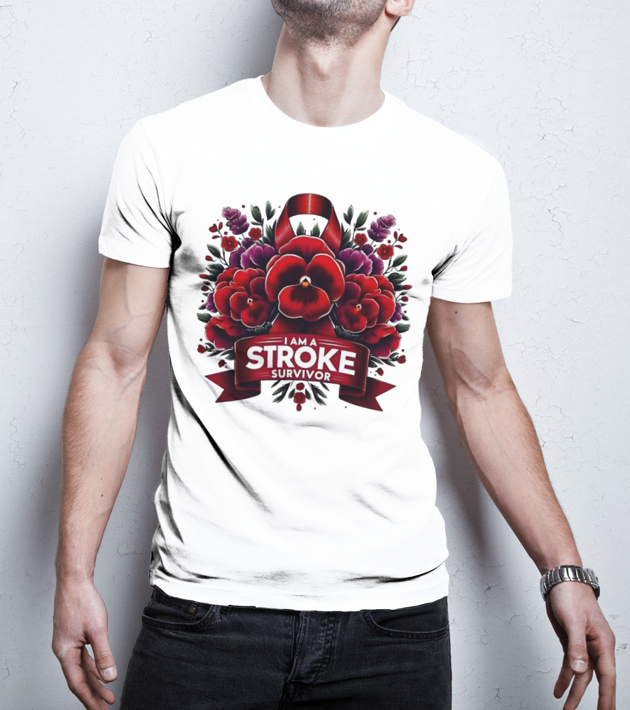 I Am A Stroke Survivor Red Ribbon And Floral Bouquet T-Shirt