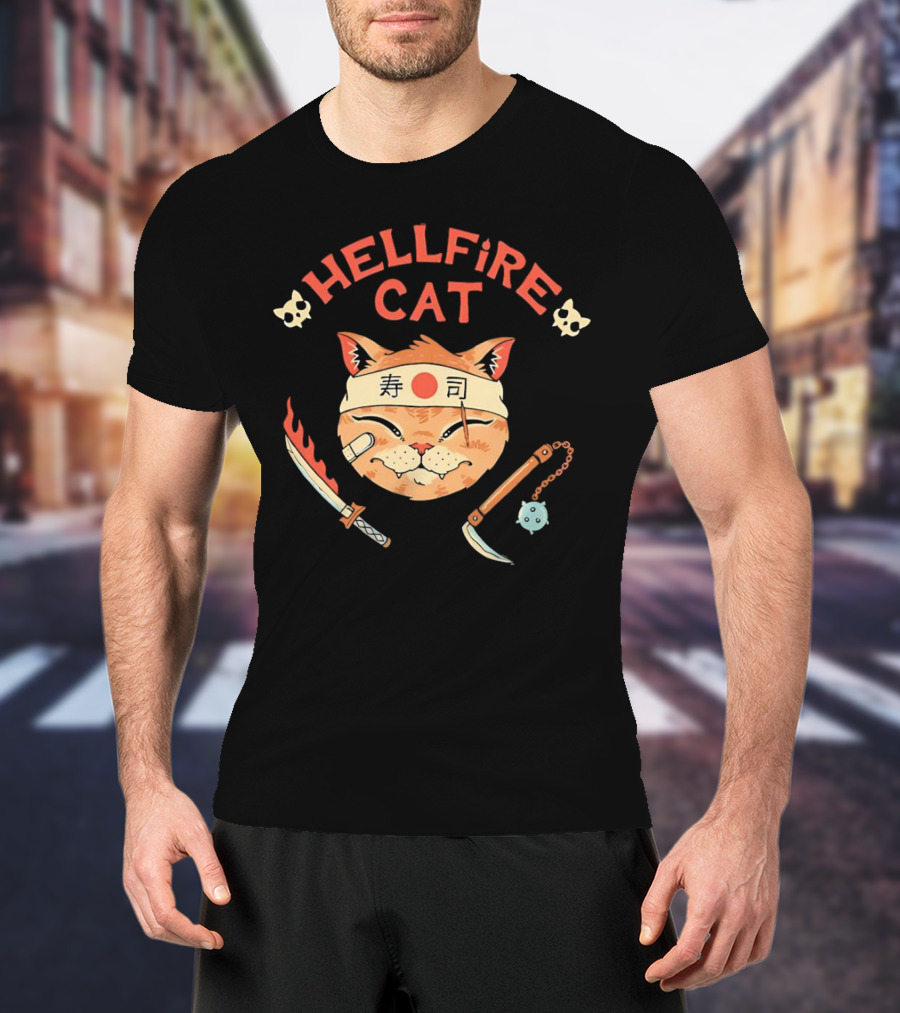 Hellfire Cat Sushi Samurai With Nunchaku And Flaming Sword T-Shirt