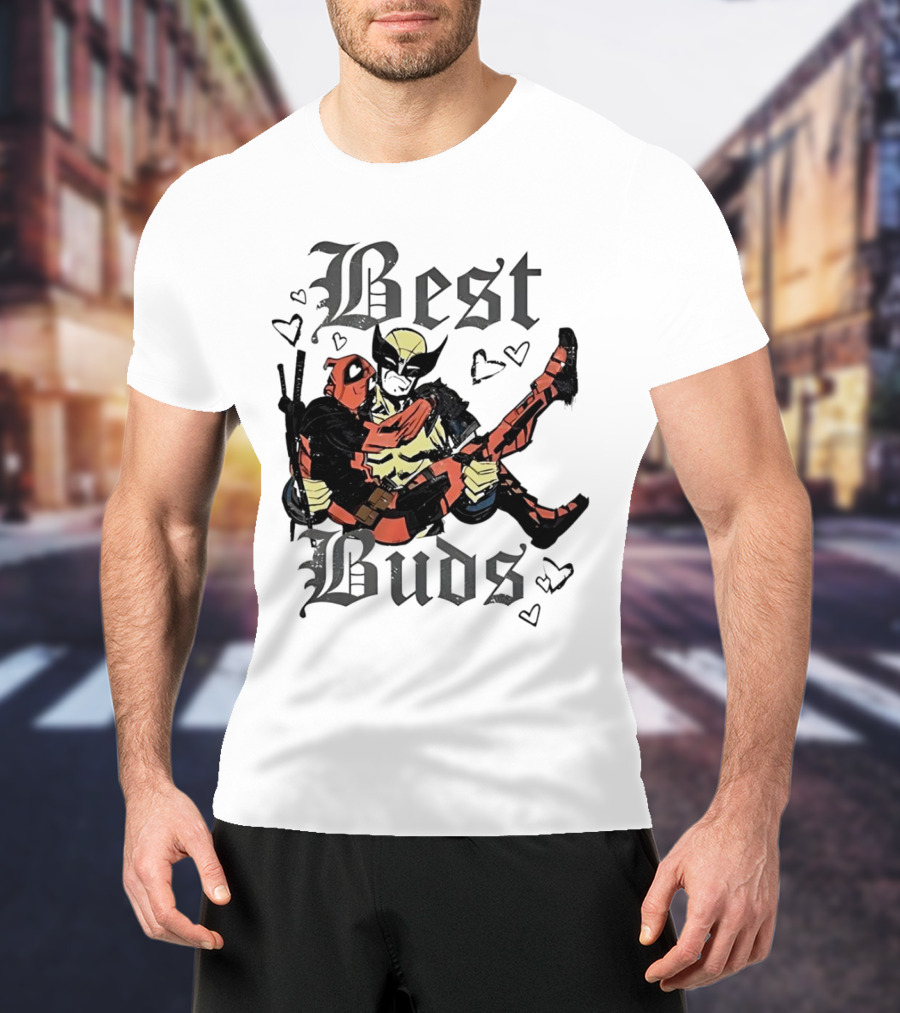 Best Buds Wolverine Carrying Deadpool With Hearts T-Shirt