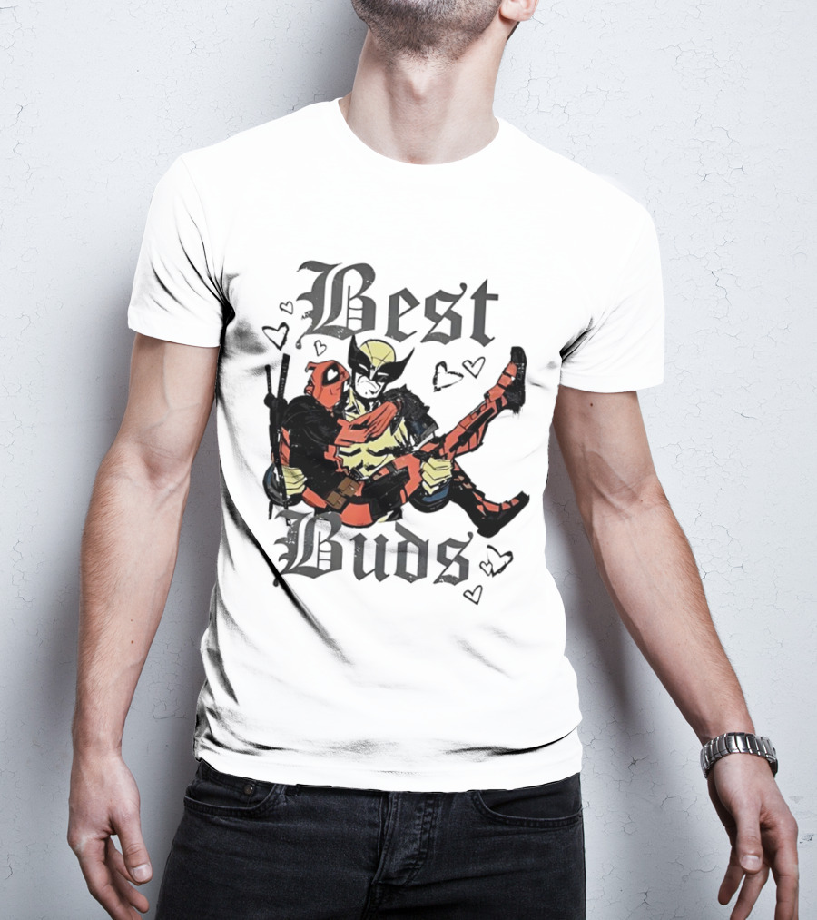 Best Buds Wolverine Carrying Deadpool With Hearts T-Shirt