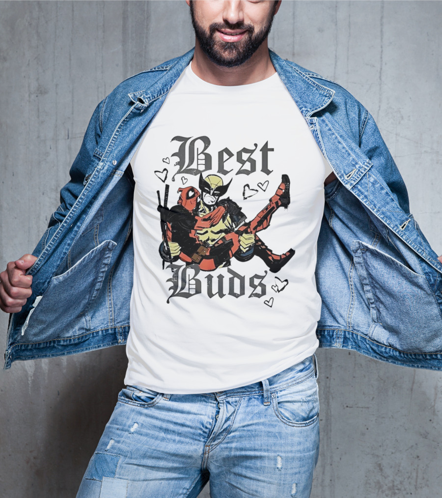 Best Buds Wolverine Carrying Deadpool With Hearts T-Shirt