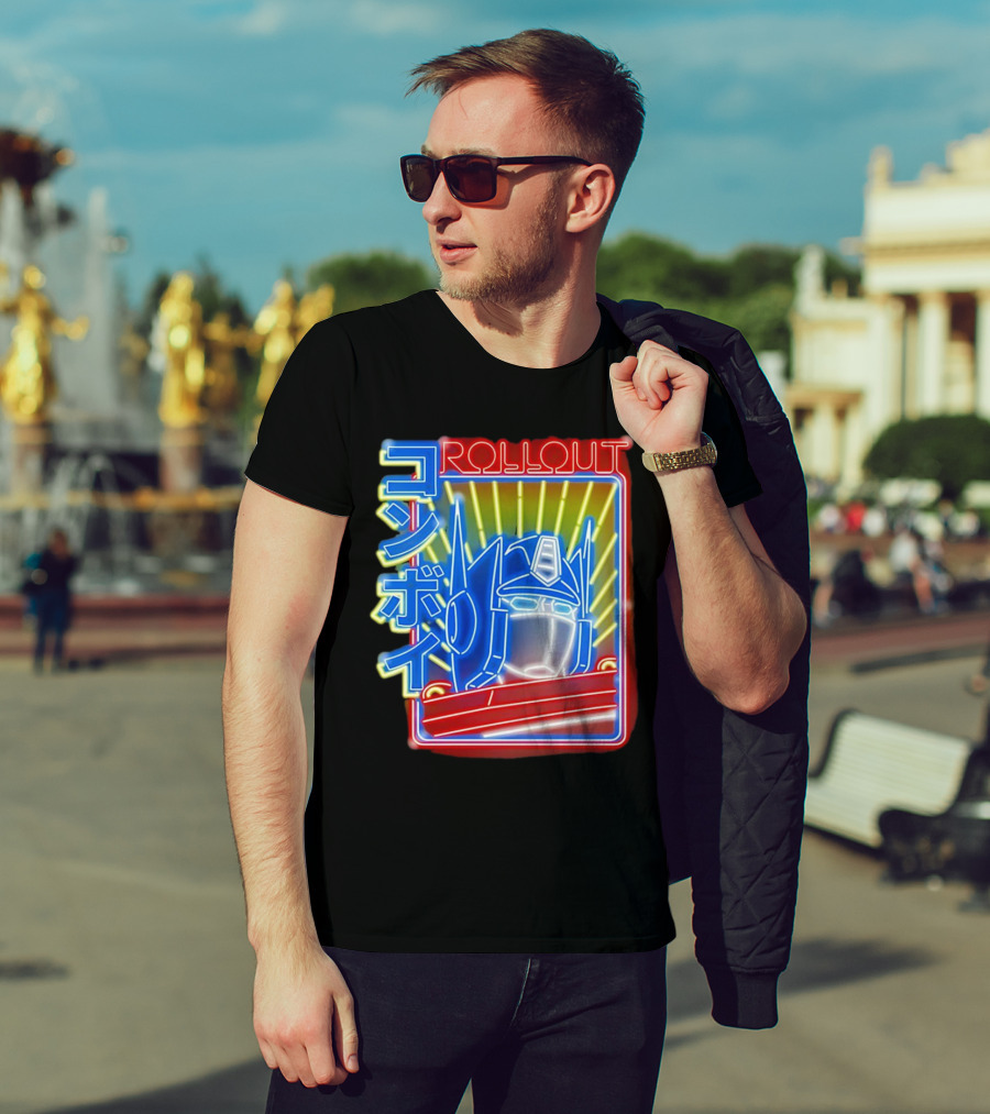 Rollout Neon Prime Robot Head With Japanese Characters T-Shirt