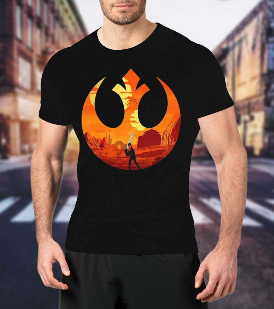 Luke Skywalker The Knight Farmer Tatooine Rebel Symbol Sunset Scene T-Shirt