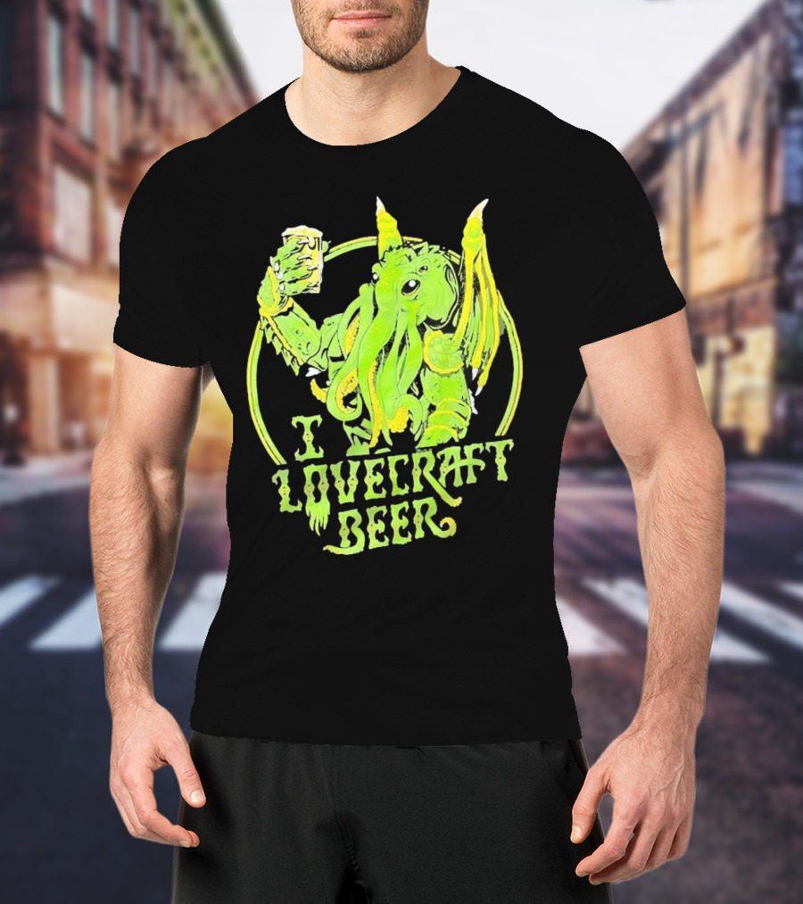 Cthulhu I Love Craft Beer Green Creature Holding Mug T-Shirt