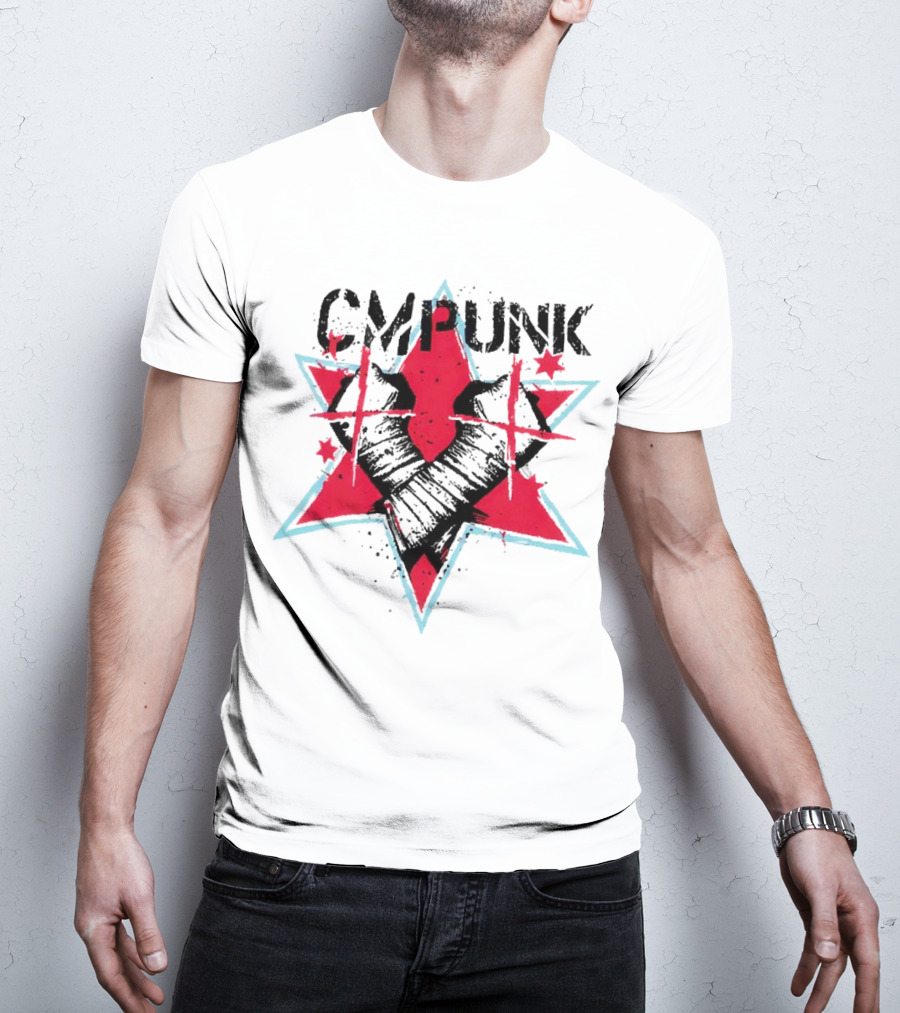 CM Punk Clobber McIntyre Logo Stars Fist Red Blue T-Shirt