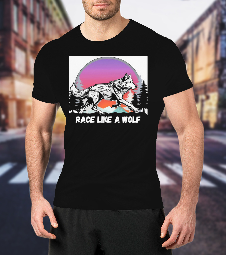 Race Like A Wolf Running Through Forest Silhouette At Sunset T-Shirt