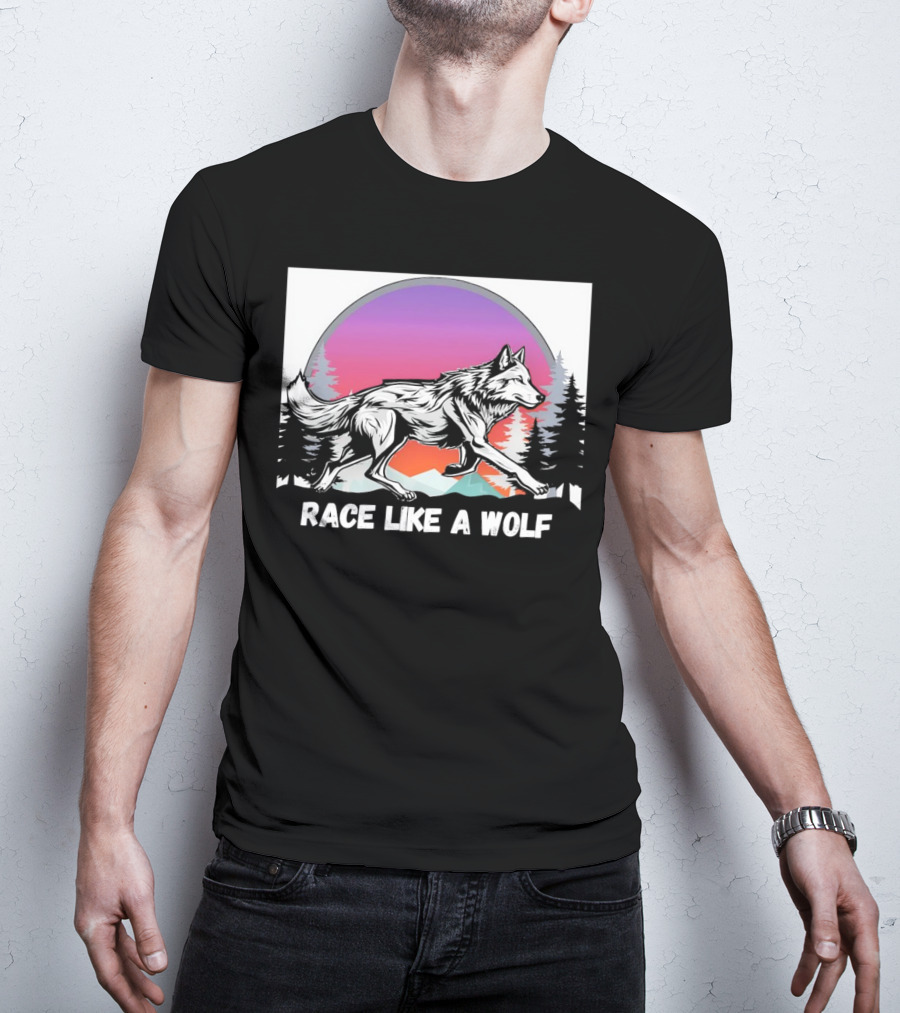 Race Like A Wolf Running Through Forest Silhouette At Sunset T-Shirt