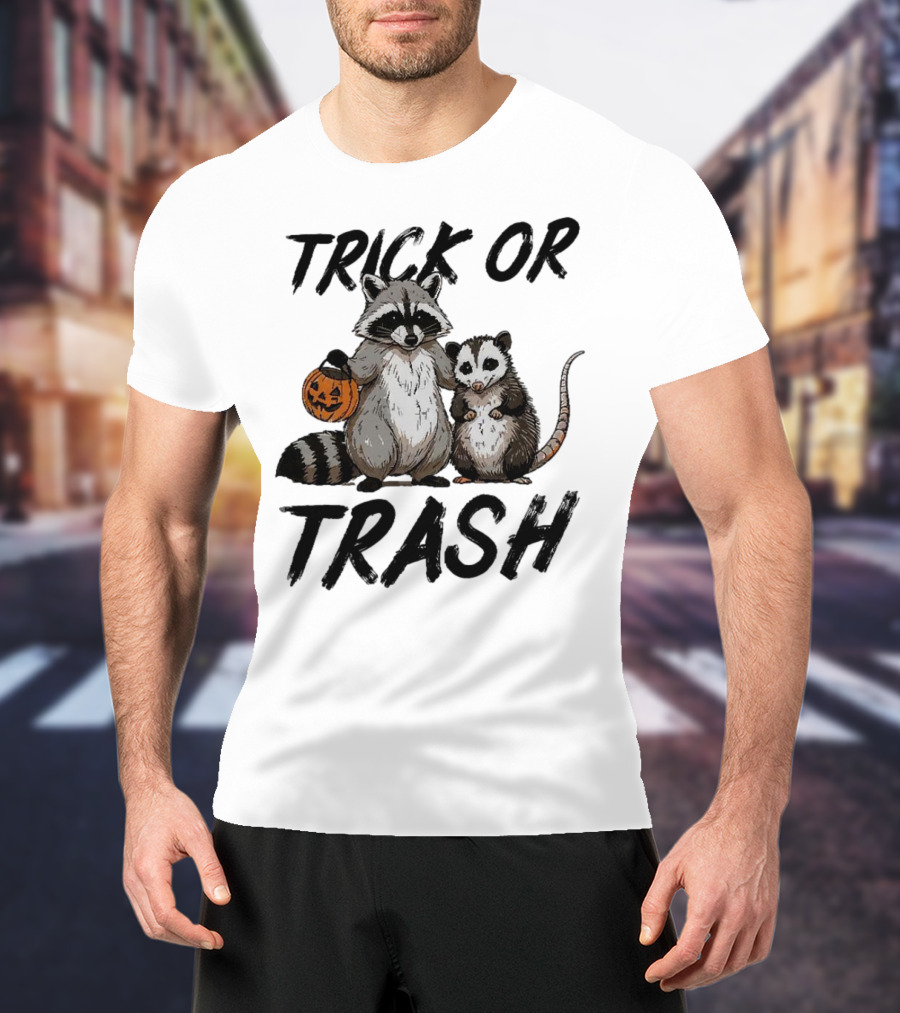 Trick Or Trash Halloween Raccoon With Pumpkin T-Shirt