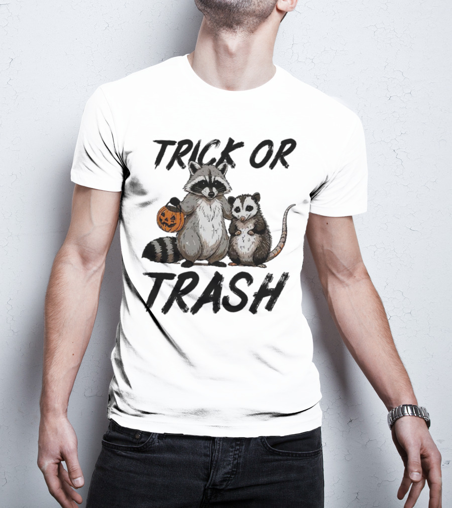 Trick Or Trash Halloween Raccoon With Pumpkin T-Shirt