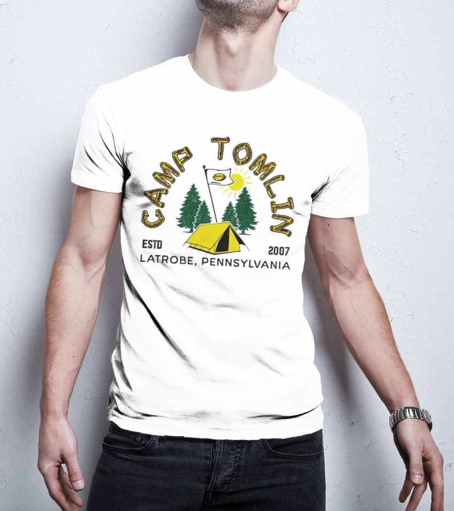 Camp Tomlin Established 2007 Latrobe Pennsylvania Football Camping Tent Trees Moon Sun T-Shirt