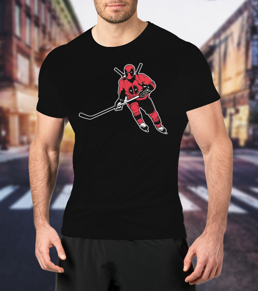 Deadpool Playing Hockey With Iconic Mask And Costume T-Shirt