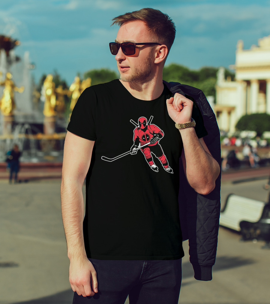 Deadpool Playing Hockey With Iconic Mask And Costume T-Shirt