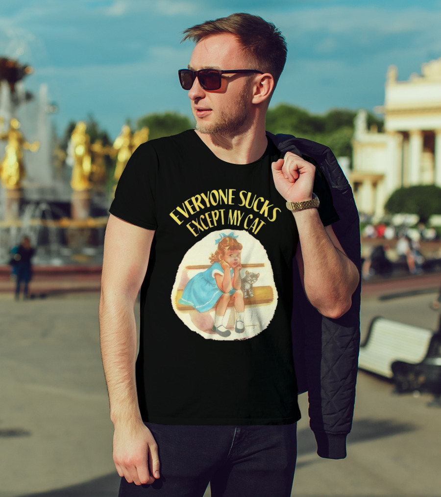 Everyone Sucks Except My Cat Vintage Girl With Kitten T-Shirt