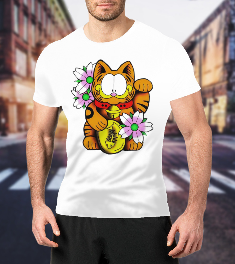 Garfield Maneki Neko With Fish Coin And Flowers T-Shirt