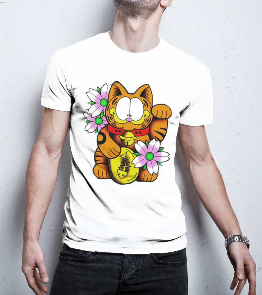 Garfield Maneki Neko With Fish Coin And Flowers T-Shirt