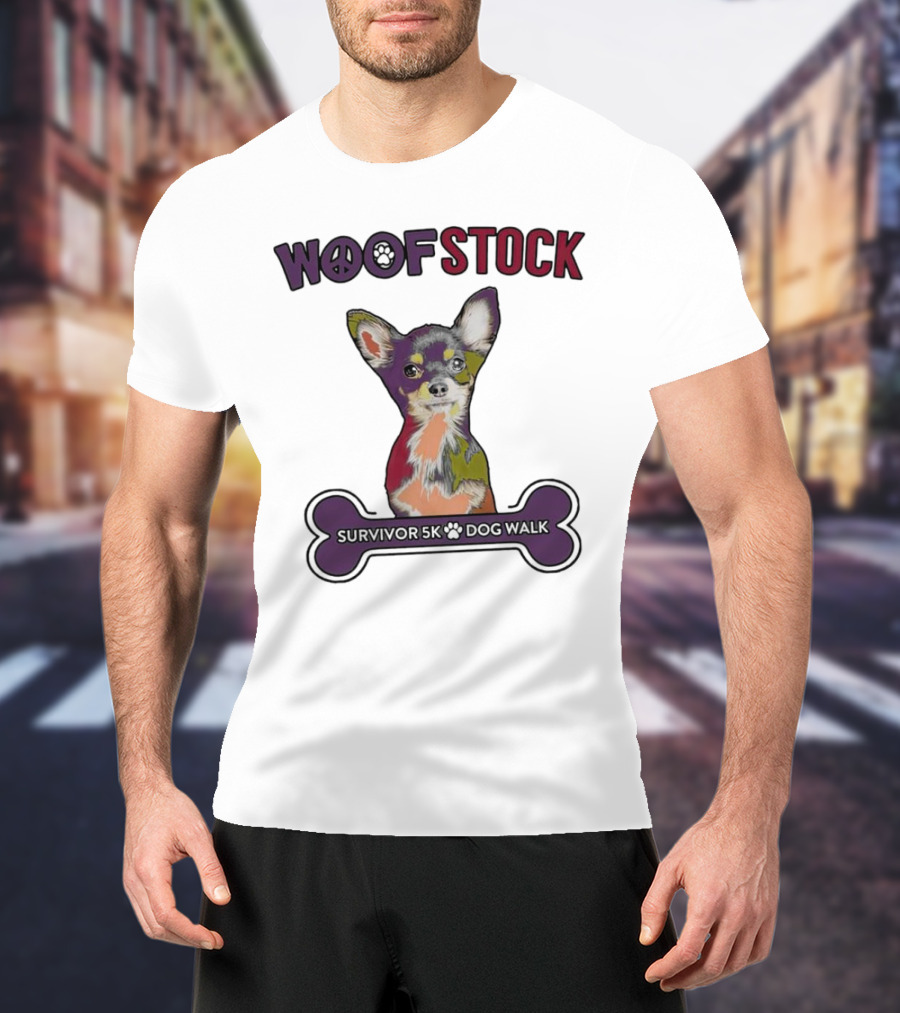 Woof Stock Peace Sign Survivor 5K Dog Walk Colorful Chihuahua Bone T-Shirt