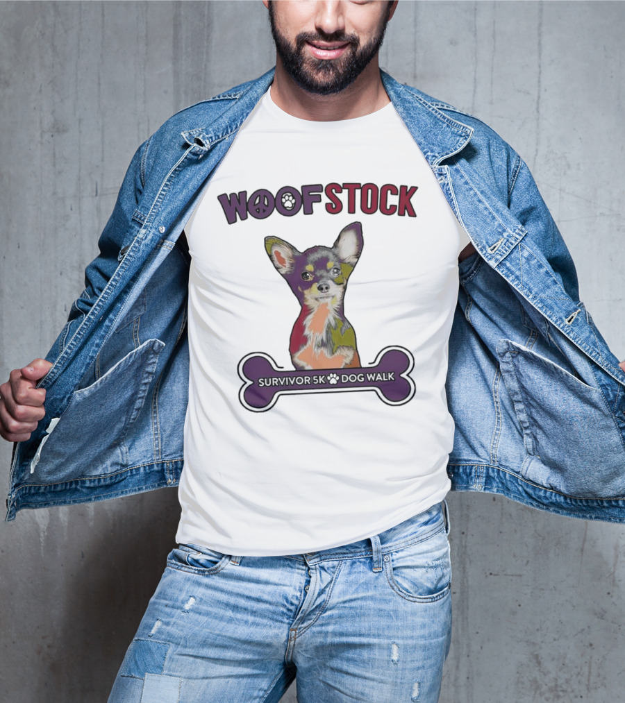 Woof Stock Peace Sign Survivor 5K Dog Walk Colorful Chihuahua Bone T-Shirt