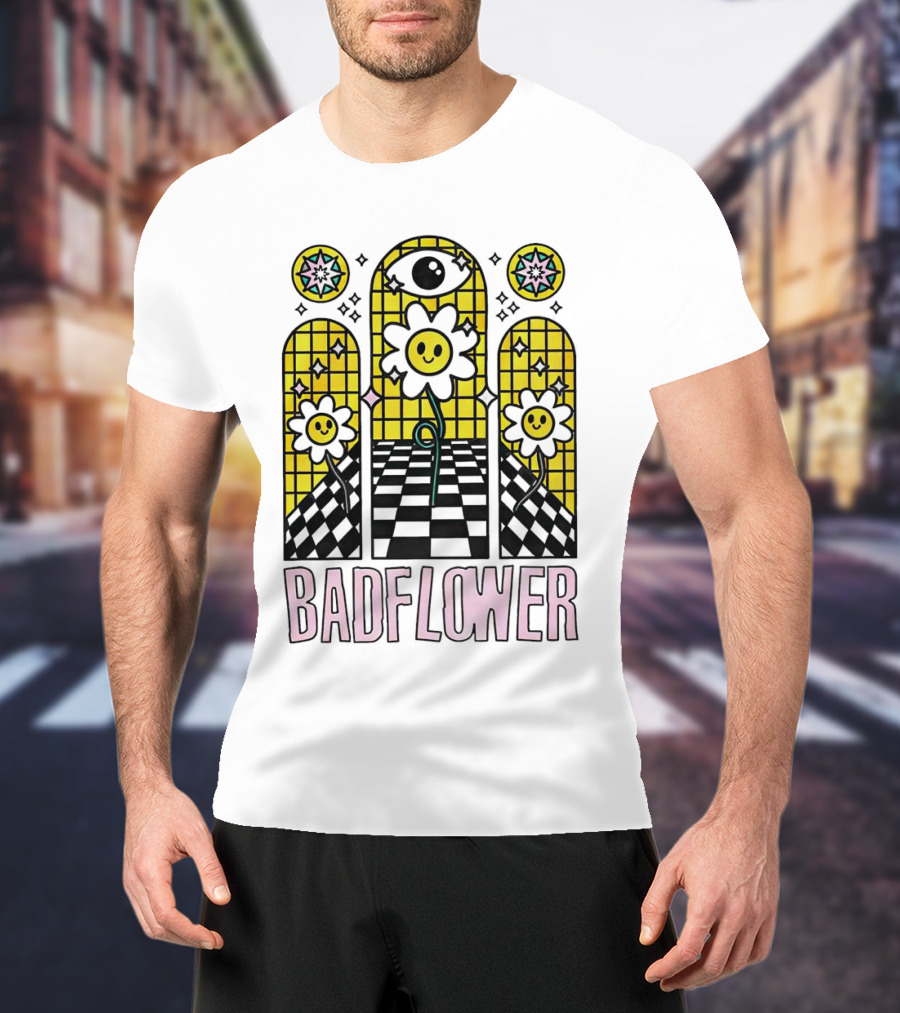 Badflower Eyeball Wall Happy Flowers Stained Glass T-Shirt