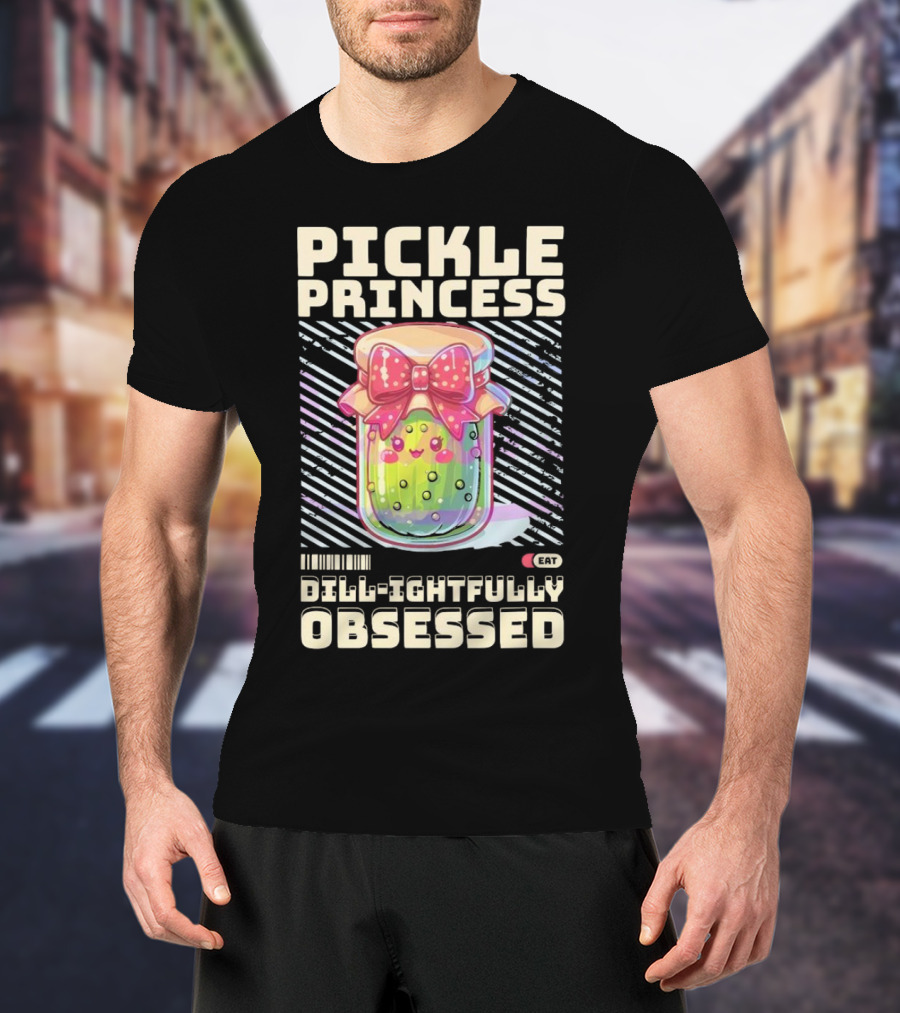 Pickle Princess Dill-ightfully Obsessed Retro Cute Jar With Bow And Barcode Eat T-Shirt