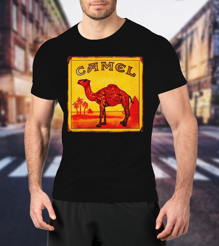 Vintage Camel Cigarettes Logo Yellow Square With Red Camel And Pyramids T-Shirt