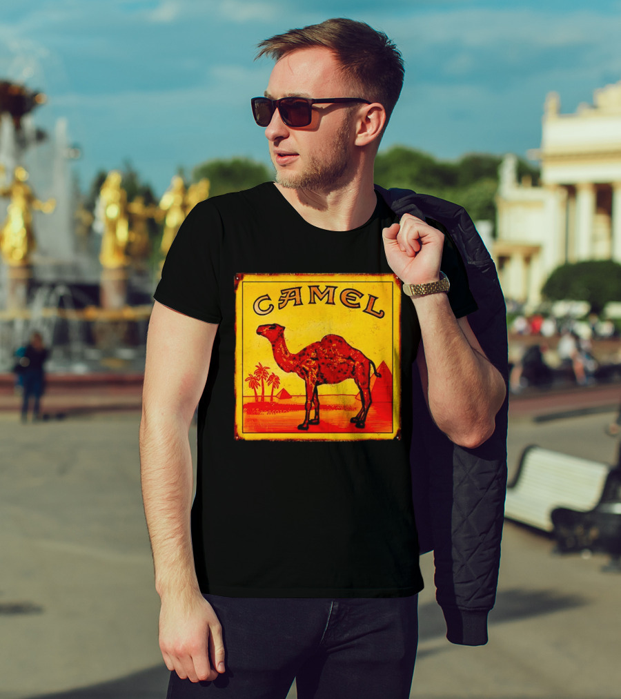 Vintage Camel Cigarettes Logo Yellow Square With Red Camel And Pyramids T-Shirt