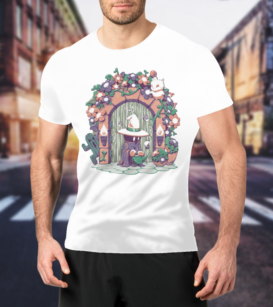 A Gardening Mage And Friends Enchanted Floral Doorway Fantasy Garden Scene T-Shirt