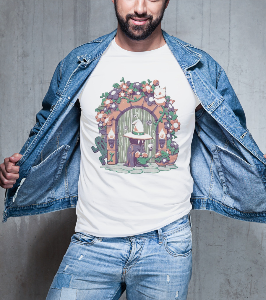 A Gardening Mage And Friends Enchanted Floral Doorway Fantasy Garden Scene T-Shirt