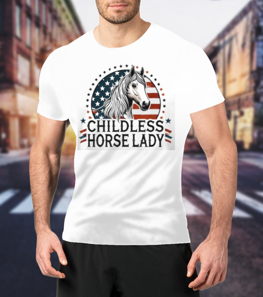 Childless Horse Lady American Flag Cowgirl Equine T-Shirt