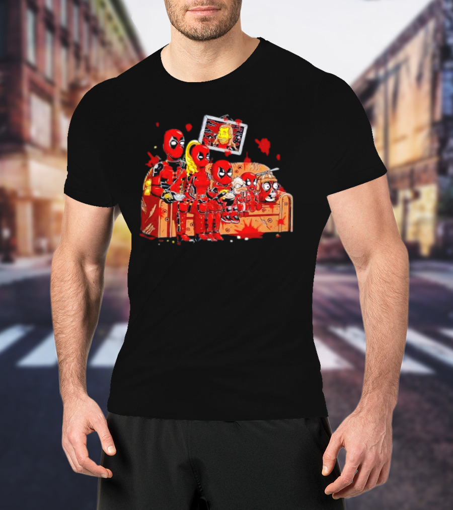 Deadpool Characters Sitting On Simpsons Couch With TV Screen T-Shirt