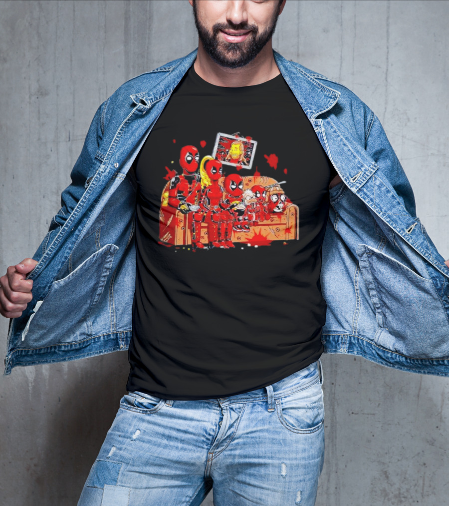 Deadpool Characters Sitting On Simpsons Couch With TV Screen T-Shirt