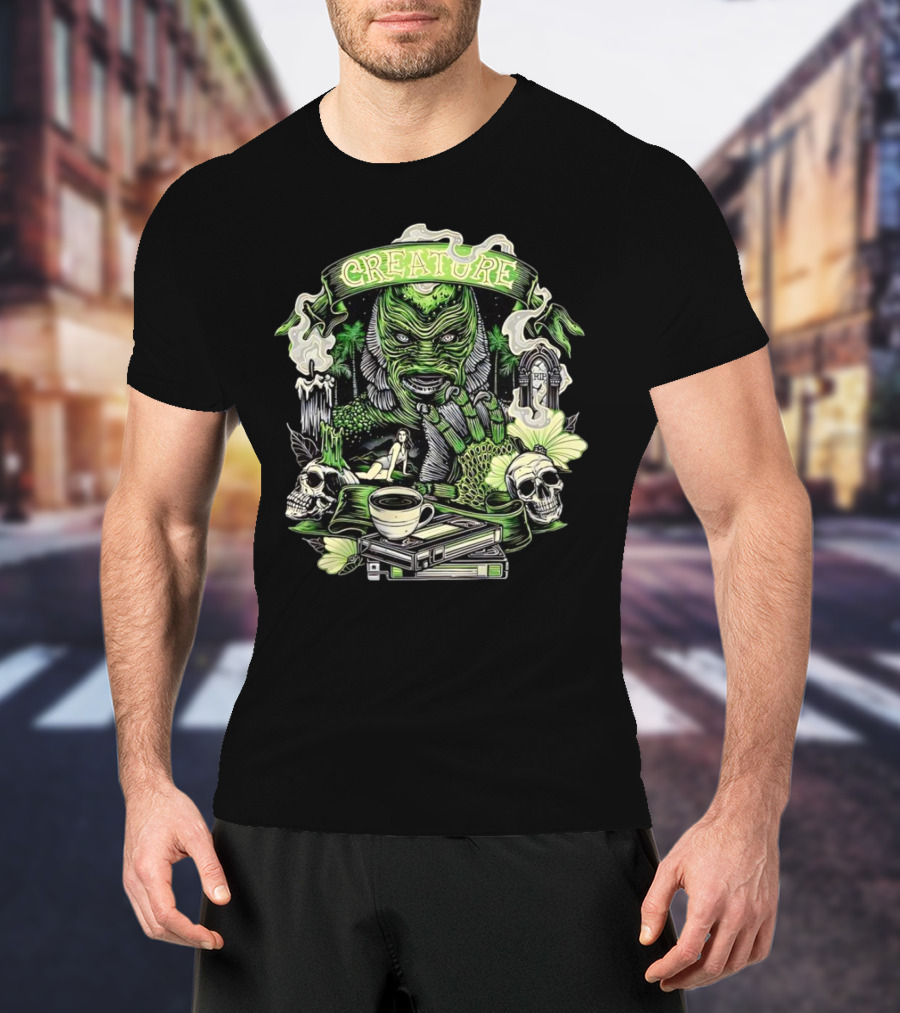 Creature From The Black Lagoon Gill-man Illustrated With Skulls, Books, And Coffee Cup T-Shirt