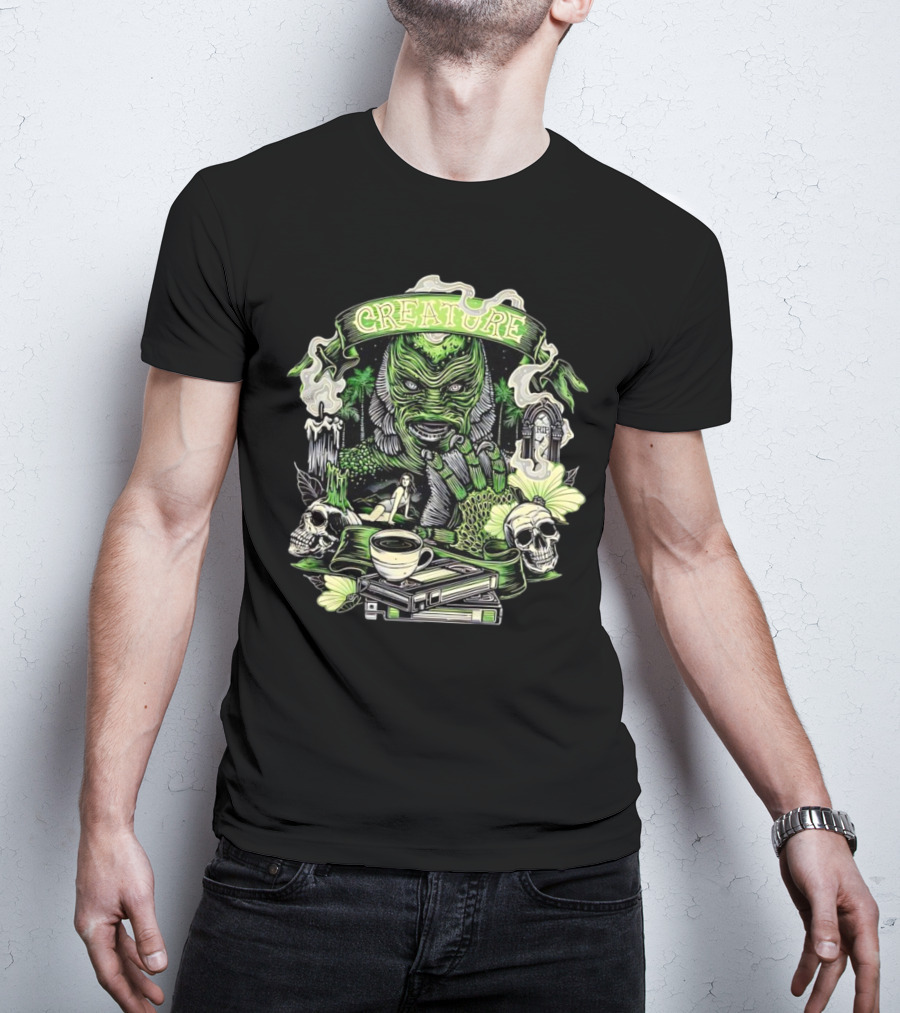 Creature From The Black Lagoon Gill-man Illustrated With Skulls, Books, And Coffee Cup T-Shirt