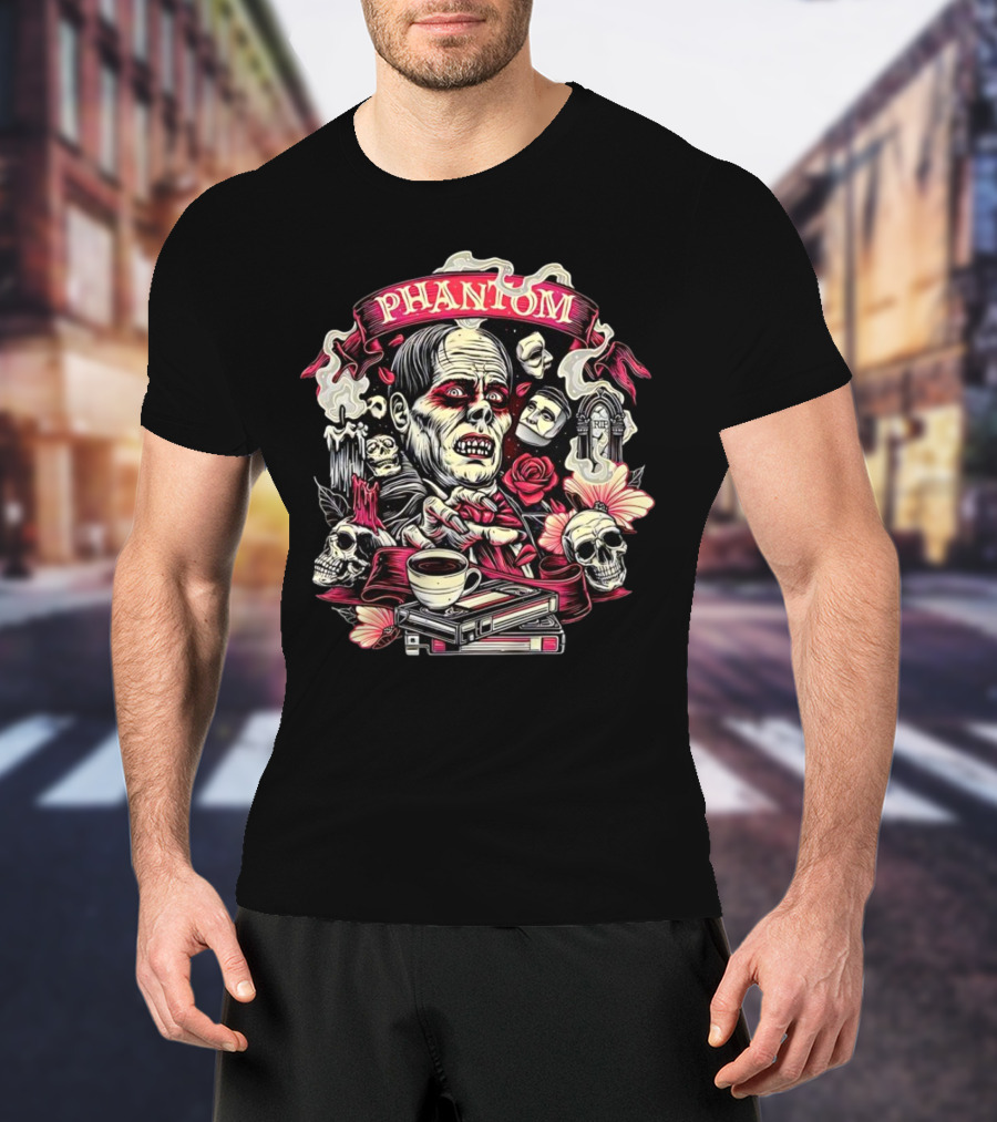 Phantom Of The Opera The Many Faces Of The Phantom With Skulls, Roses, And Coffee Cup T-Shirt