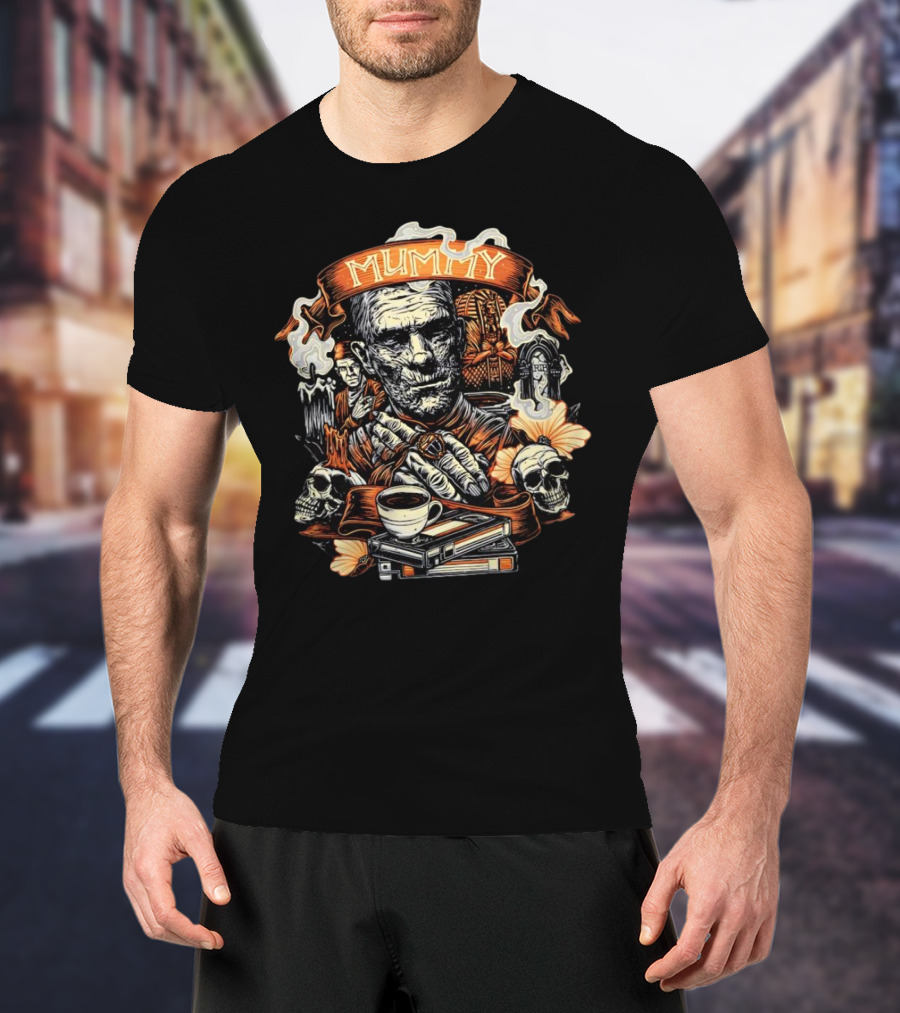 Mummy Vintage Horror Scene With Skulls And Coffee T-Shirt