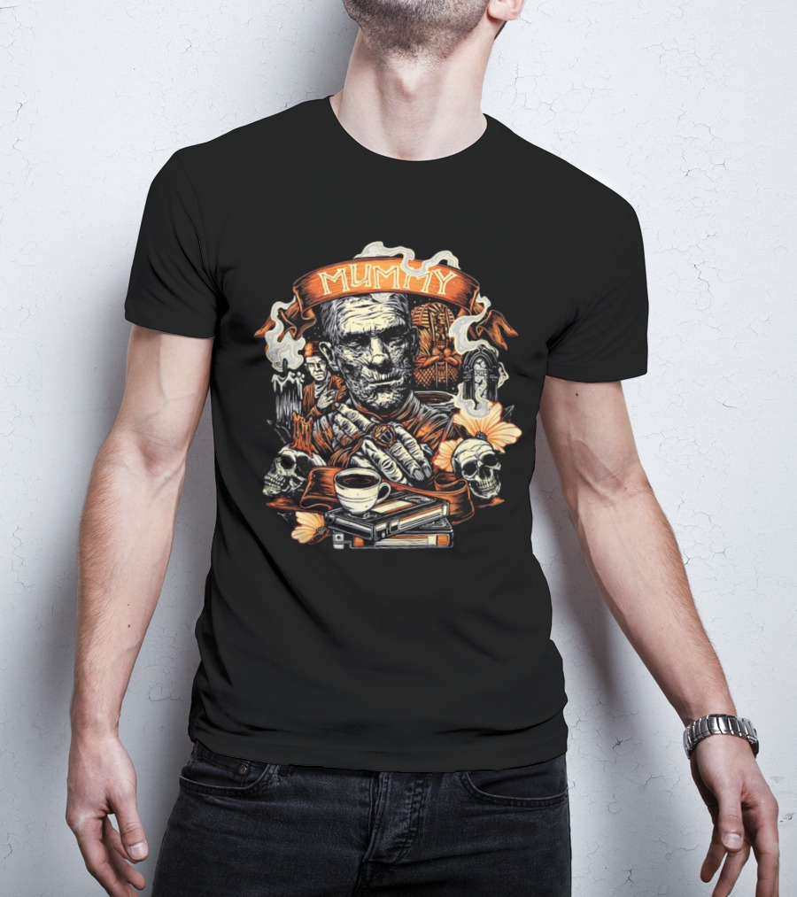 Mummy Vintage Horror Scene With Skulls And Coffee T-Shirt