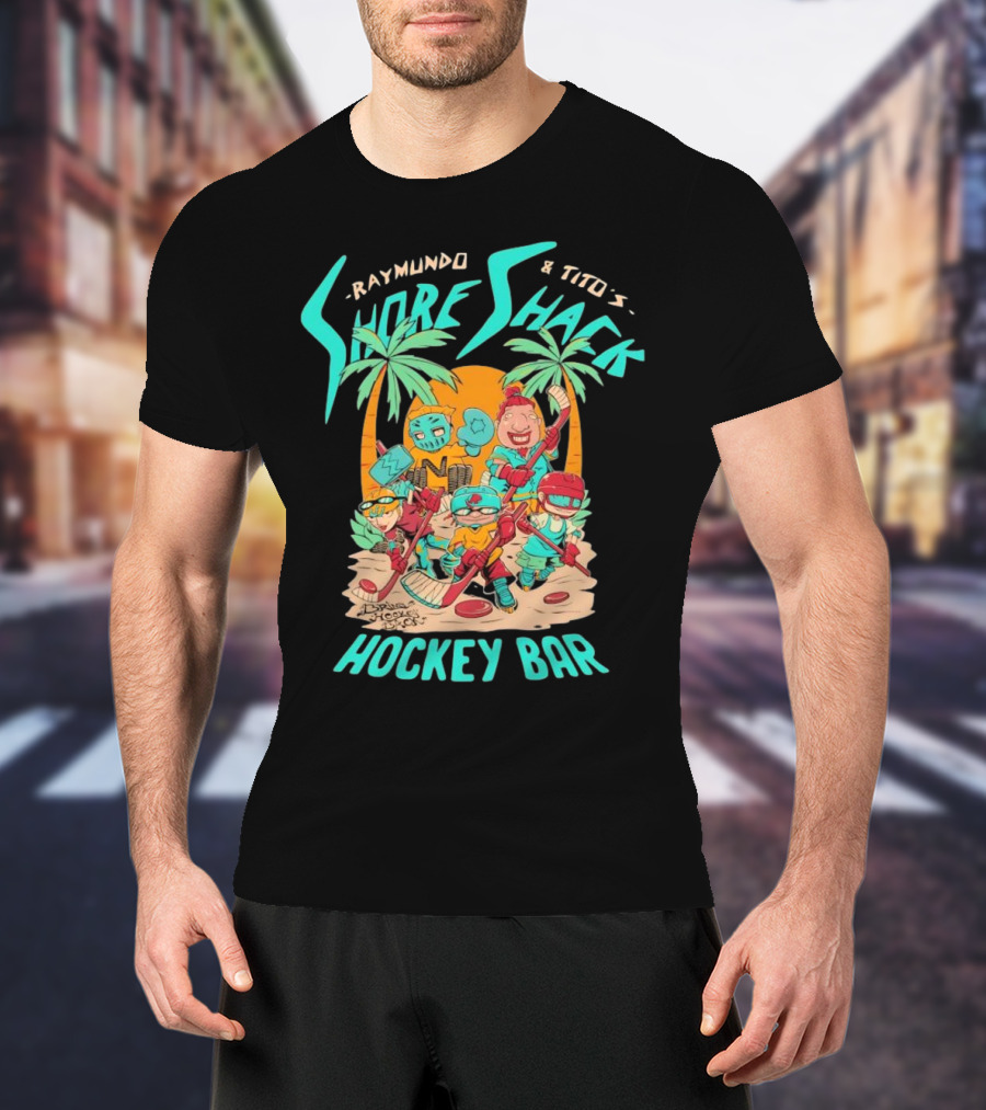 Raymundo And Tito's Shore Shack Hockey Bar Cartoon On The Beach With Hockey Players And Palm Trees T-Shirt
