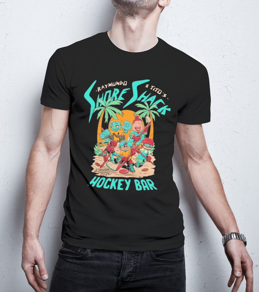 Raymundo And Tito's Shore Shack Hockey Bar Cartoon On The Beach With Hockey Players And Palm Trees T-Shirt
