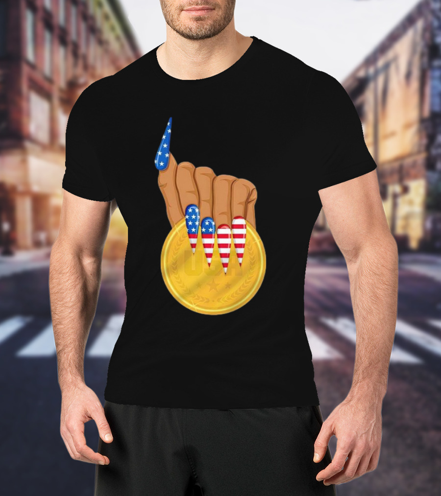 USA Gold Medal Hand With American Flag Nails T-Shirt