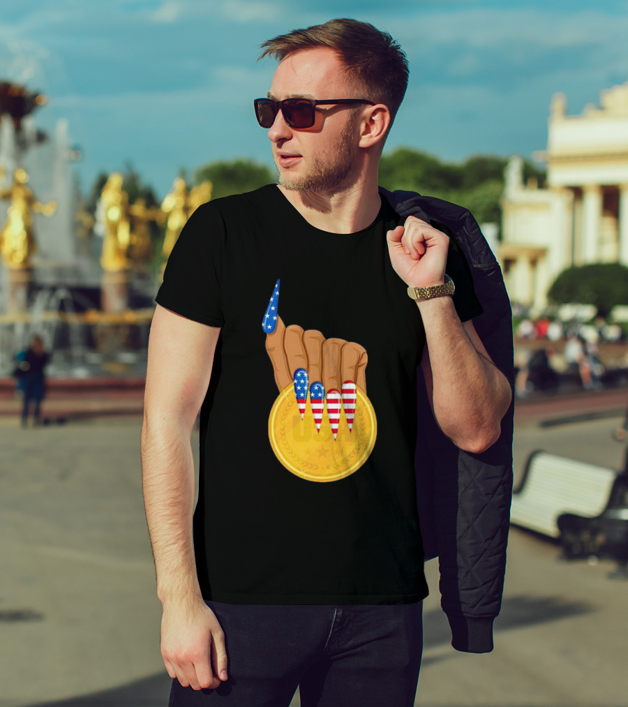 USA Gold Medal Hand With American Flag Nails T-Shirt